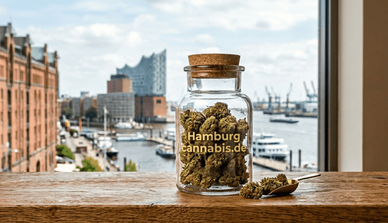 Cannabisblüten in einer Glasflasche. Hamburger Hafen im Hintergrund.